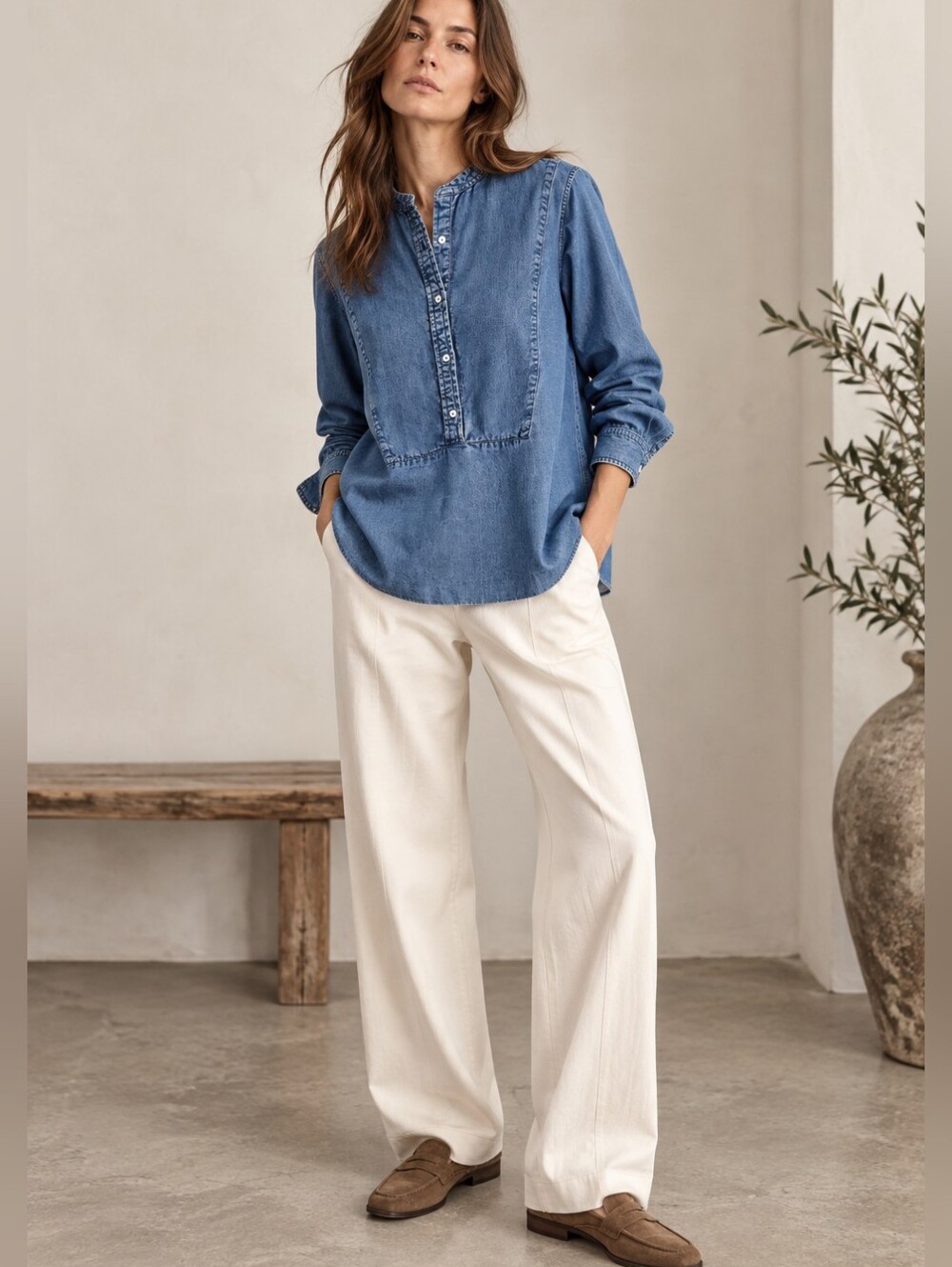 NILI LOTAN Bib Front Denim Chambray Shirt Top Classic Minimalist Size Medium
